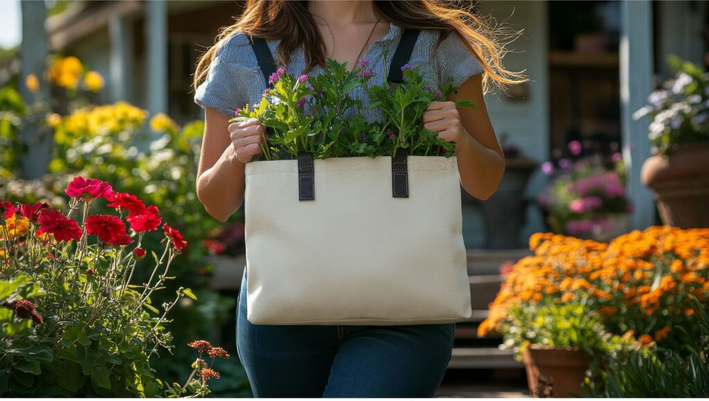woman holidng a canvas bag full of fresh flowers from the market